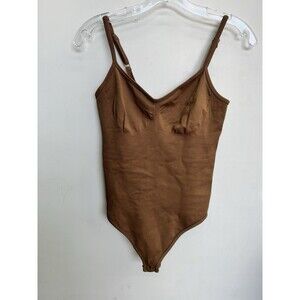 OQQ Womens Ribbed Knit Sleeveless Bodysuit Brown Crew Neck Snap Closure Medium
